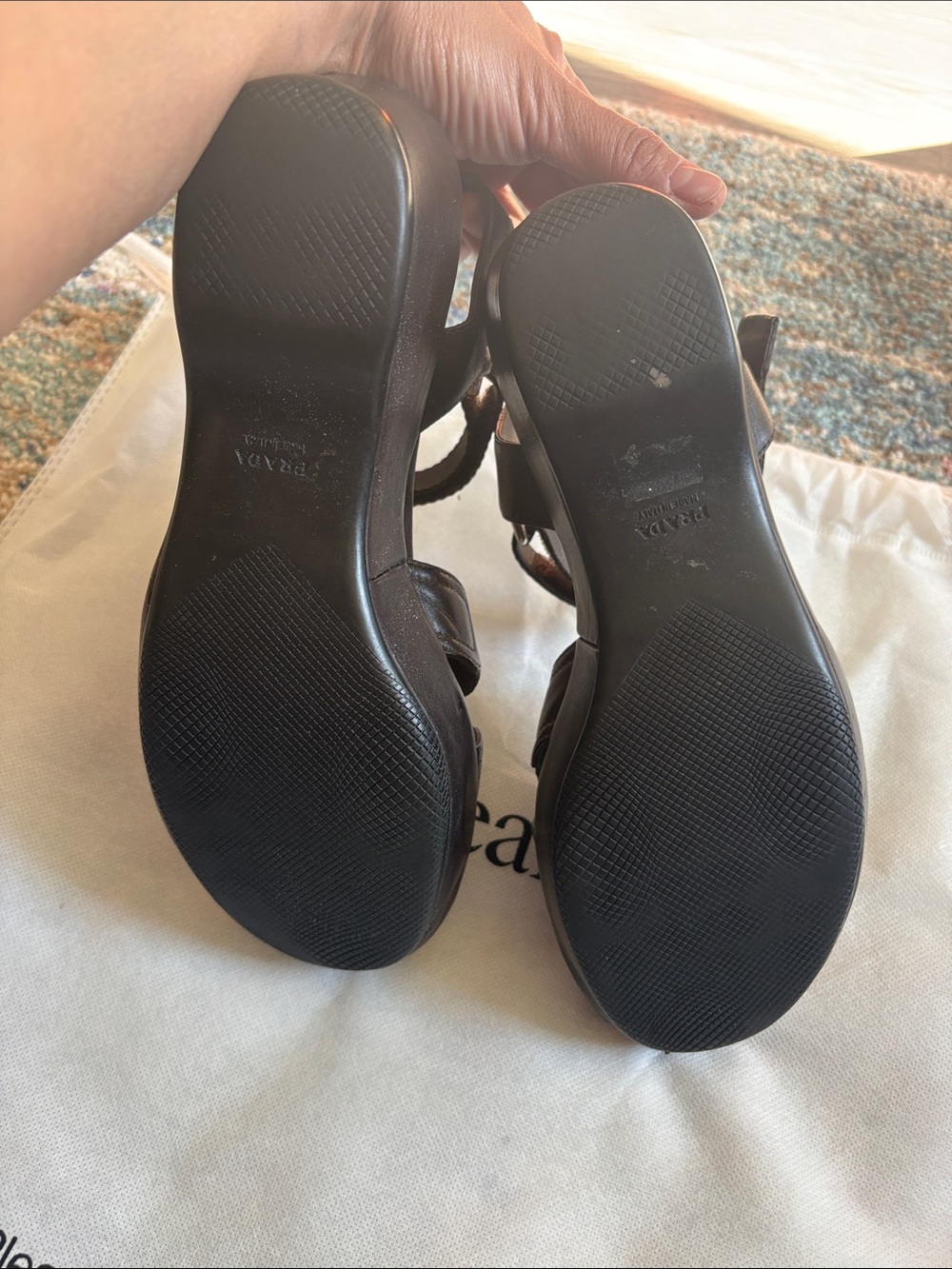 Prada dark brown/Black Leather and Webbing Crisscross Sandals w Velcro strap - Picture 3 of 4